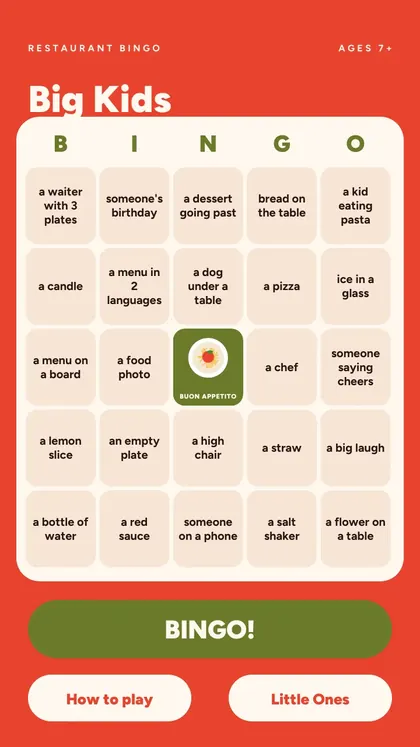 Restaurant Bingo: real screen 1 from the PDF
