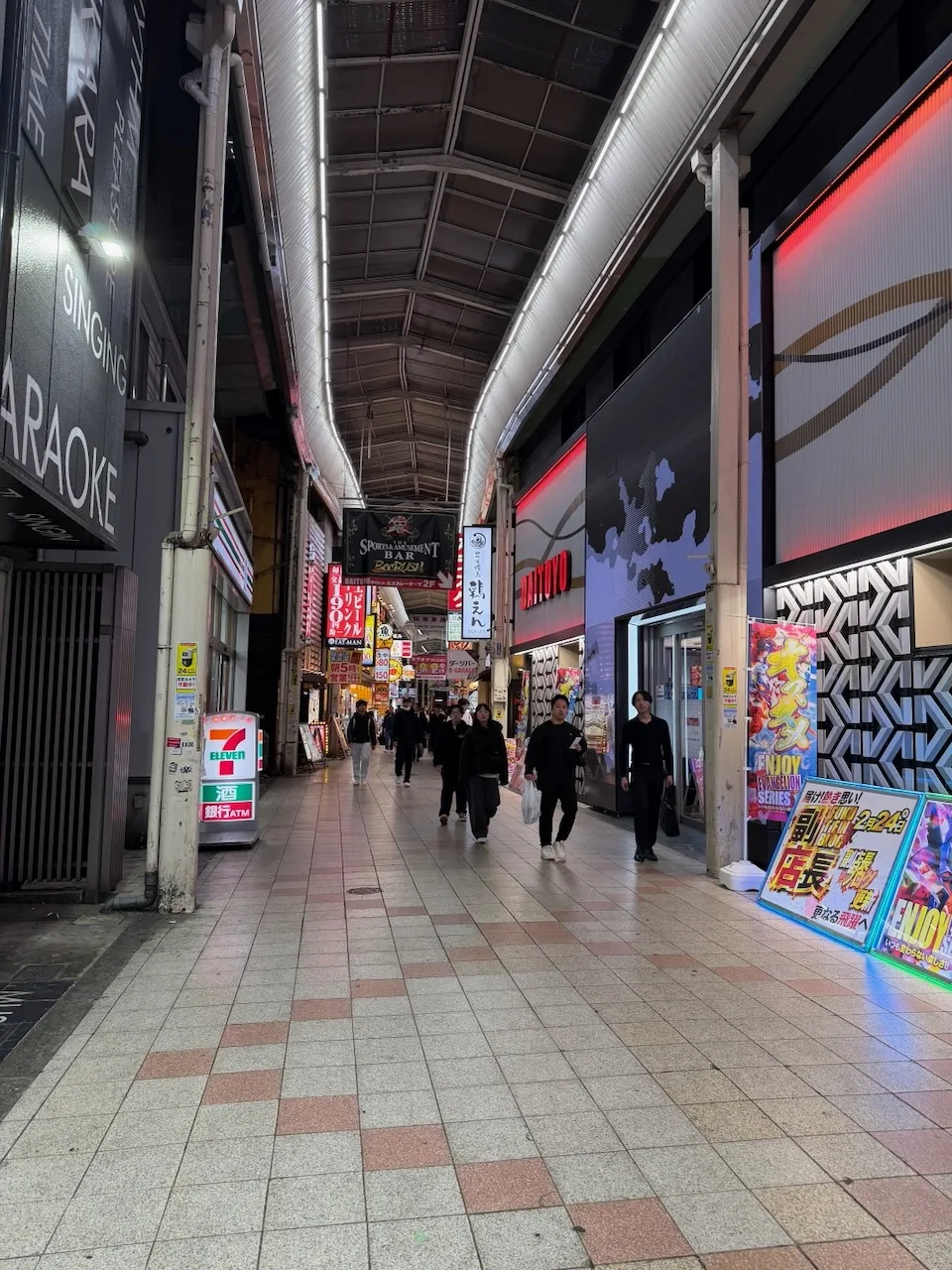 Covered shopping arcade in Osaka in the evening