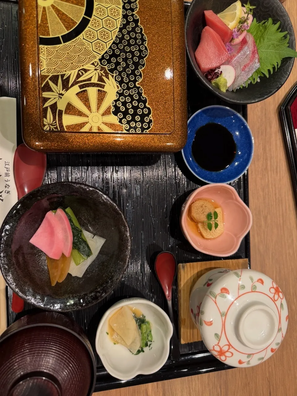 Japanese set meal with sashimi, rice and soup on a tray, Osaka