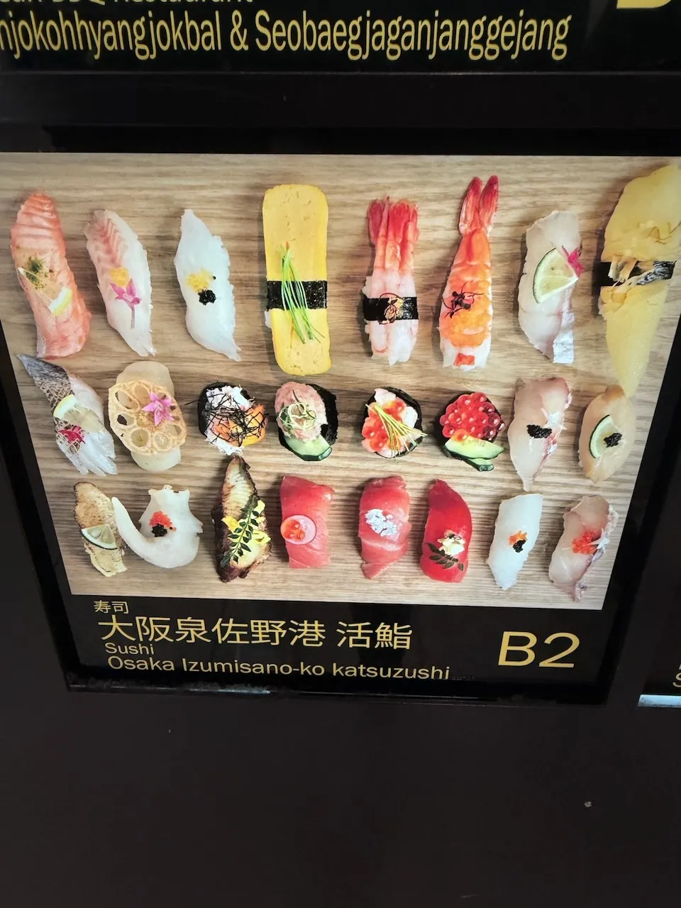 Window display of plastic sushi replicas outside a restaurant in Osaka